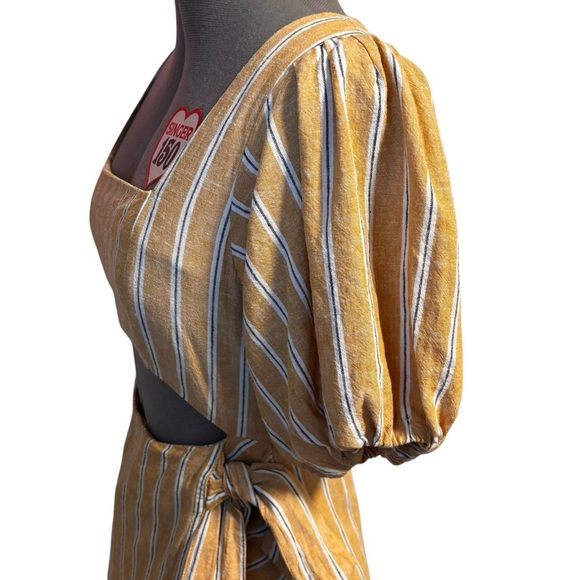 Zara Linen Blend Cutout Puff Sleeve Dress – Mustard Stripe, Size M - Picture 7 of 12